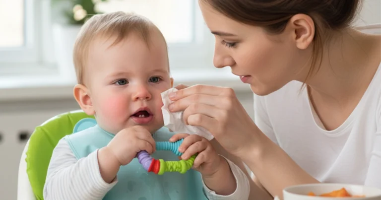 Mother wiping baby's nose during teething phase.