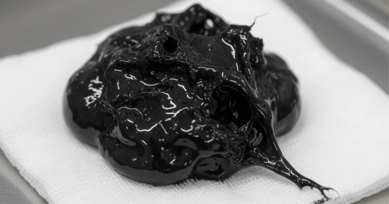 Black mucus on a tissue, thick consistency.