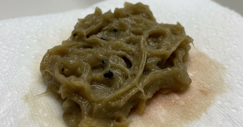 Brown mucus with a stringy, slimy texture.