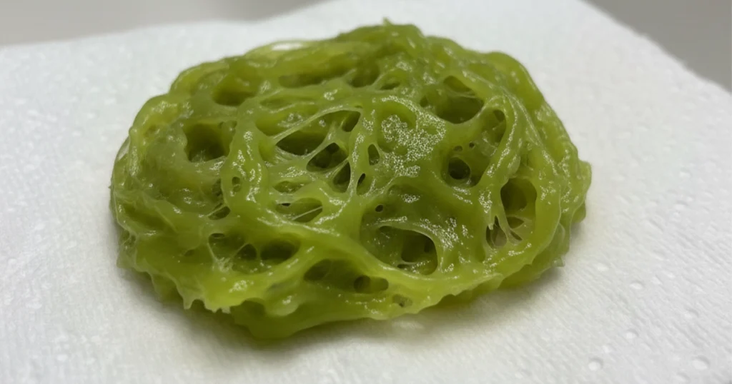Green mucus with a stringy, slimy texture.