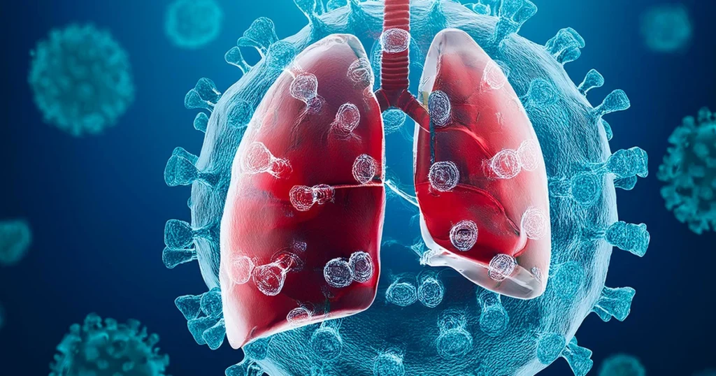 Red lungs surrounded by virus particles, showing respiratory infection.