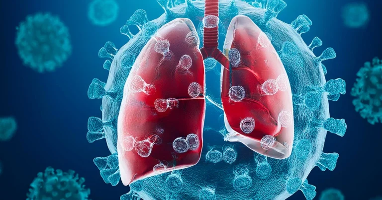 Red lungs surrounded by virus particles, showing respiratory infection.