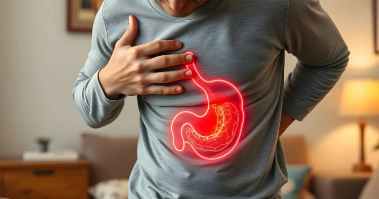 Person holding chest with glowing red stomach illustration showing acid reflux or heartburn.