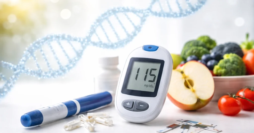 Glucose monitor with insulin pen and fresh produce.