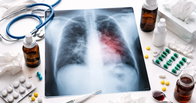 Medical flat lay showing chest X-ray with stethoscope, medicines, thermometer, and tissues.