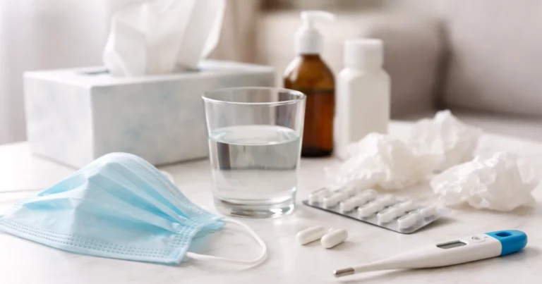 Woman coughing next to medical illustration of infected lungs with inflamed alveoli.
