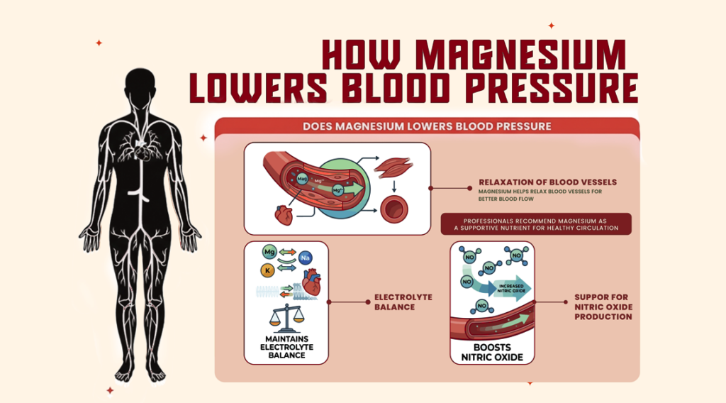 An educational infographic titled "How Magnesium Lowers Blood Pressure" featuring three key medical mechanisms.