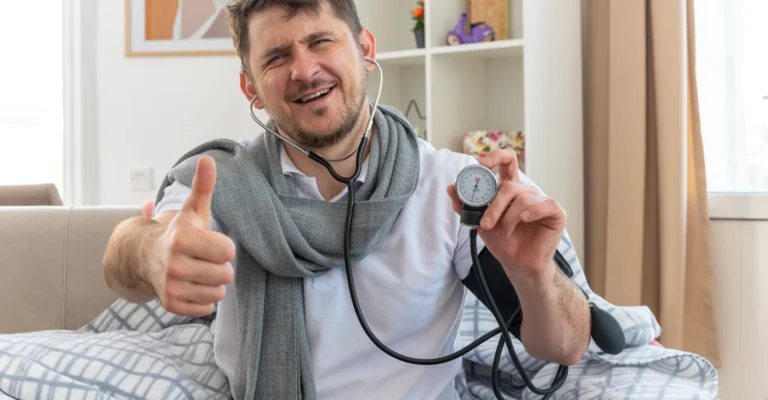 smiling-ill-slavic-man-with-scarf-around-neck-measuring-his-pressure-with-sphygmomanometer-thumbing-up-sitting-couch-living-room