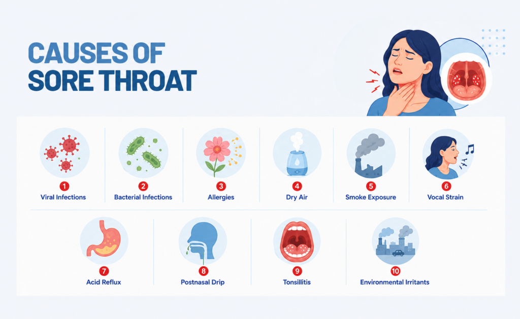 Infographic showing the 10 common causes of sore throat, including infections, allergies, irritants, and acid reflux.