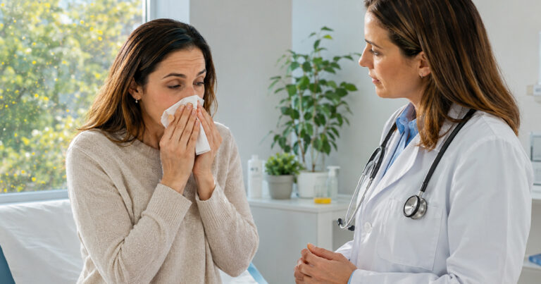 Doctor consulting a woman experiencing allergy symptoms and holding a tissue to her nose.