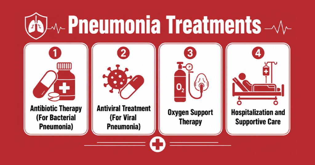 Pneumonia treatments infographic showing antibiotics, antivirals, oxygen therapy, and hospitalization