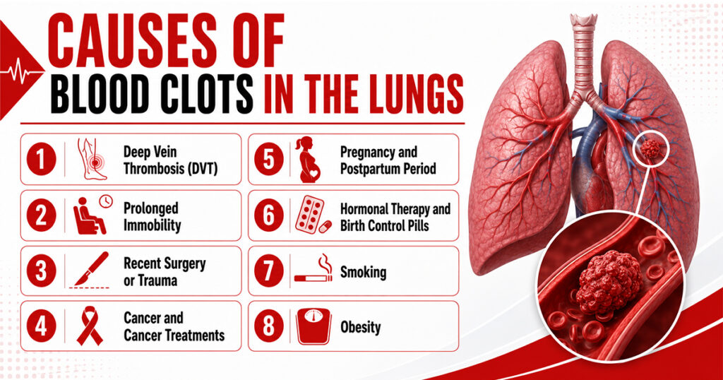 Blood clot causes infographic featuring lungs and eight major risk factors
