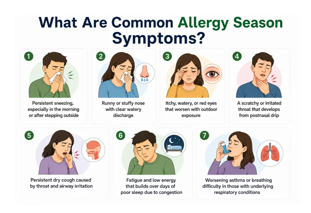 Infographic illustrating seven common seasonal allergy symptoms and descriptions.