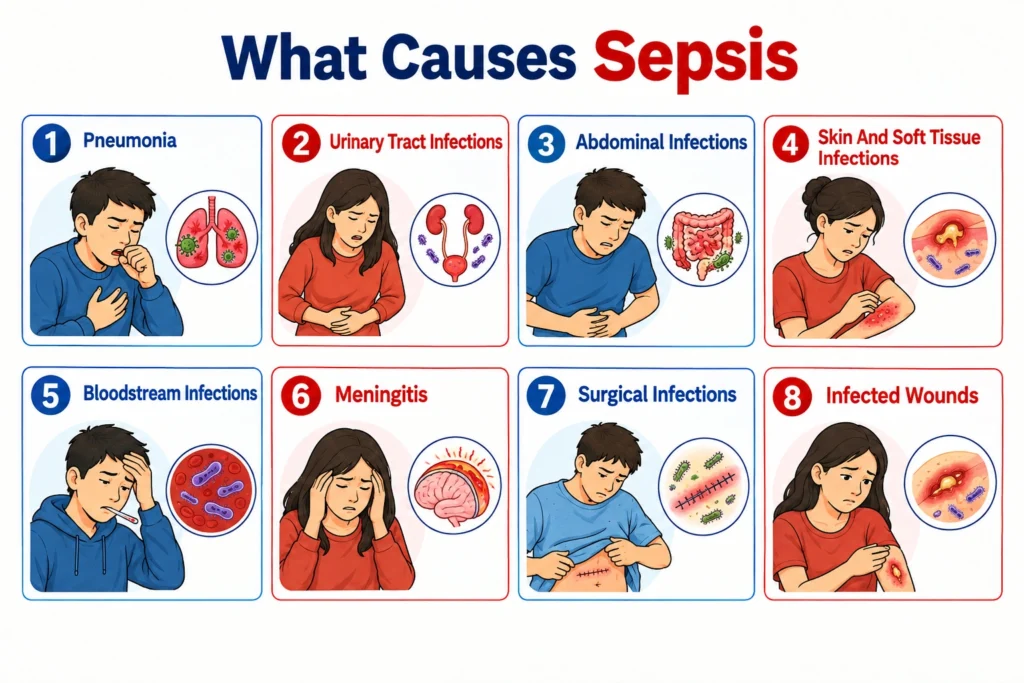 Infographic listing eight common medical causes that can trigger sepsis.