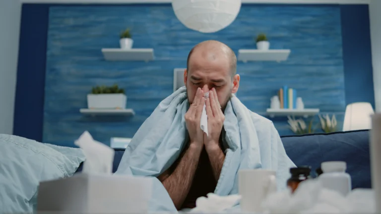 A sick man wrapped in a blanket on a couch, blowing his nose into a tissue surrounded by medicine bottles